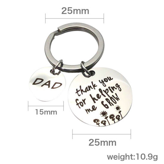 Picture of 304 Stainless Steel Keychain & Keyring Round Silver Tone Message " DAD thank you for helping me grow " 25mm Dia., 1 Piece