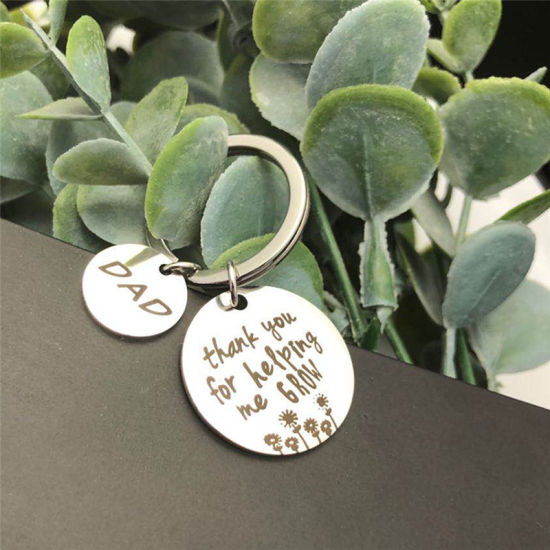 Picture of 304 Stainless Steel Keychain & Keyring Round Silver Tone Message " DAD thank you for helping me grow " 25mm Dia., 1 Piece