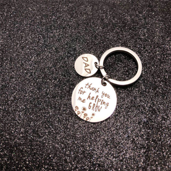 Picture of 304 Stainless Steel Keychain & Keyring Round Silver Tone Message " DAD thank you for helping me grow " 25mm Dia., 1 Piece