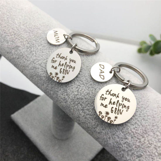 Picture of 304 Stainless Steel Keychain & Keyring Round Silver Tone Message " DAD thank you for helping me grow " 25mm Dia., 1 Piece