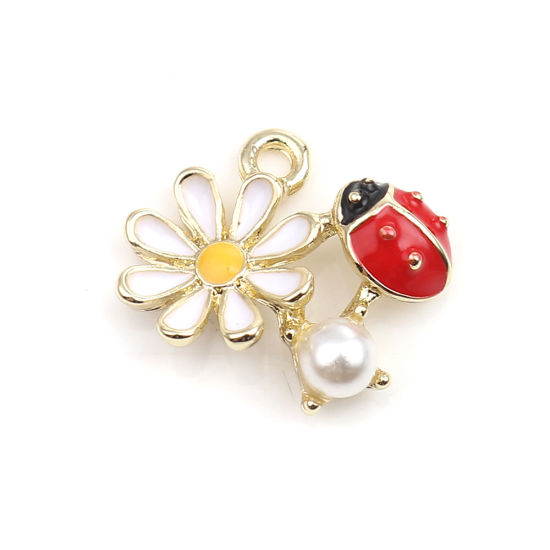 Picture of Zinc Based Alloy Insect Charms Ladybug Animal Gold Plated White & Red Daisy Flower Acrylic Imitation Pearl 17mm x 13mm, 5 PCs