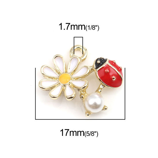 Picture of Zinc Based Alloy Insect Charms Ladybug Animal Gold Plated White & Red Daisy Flower Acrylic Imitation Pearl 17mm x 13mm, 5 PCs