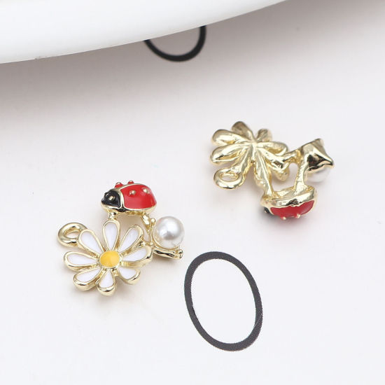 Picture of Zinc Based Alloy Insect Charms Ladybug Animal Gold Plated White & Red Daisy Flower Acrylic Imitation Pearl 17mm x 13mm, 5 PCs