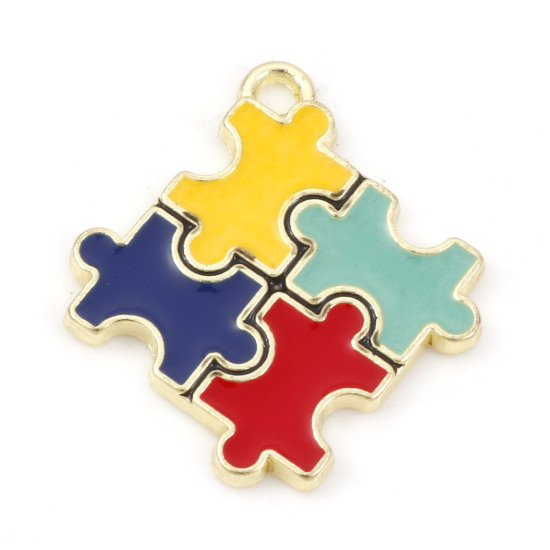 Picture of Zinc Based Alloy Medical Charms Rhombus Gold Plated Multicolor Autism Awareness Jigsaw Puzzle Piece Enamel 24mm x 22mm, 5 PCs