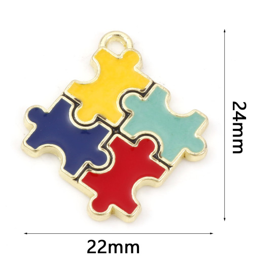 Picture of Zinc Based Alloy Medical Charms Rhombus Gold Plated Multicolor Autism Awareness Jigsaw Puzzle Piece Enamel 24mm x 22mm, 5 PCs