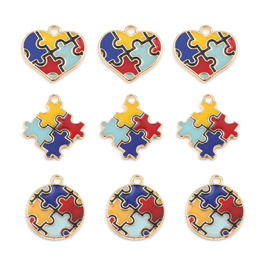 Imagen de Zamak Médico Colgantes Charms Diamond Chapado en Oro Multicolor Pieza de Rompecabezas de la Conciencia del Autismo Esmalte 24mm x 22mm, 5 Unidades