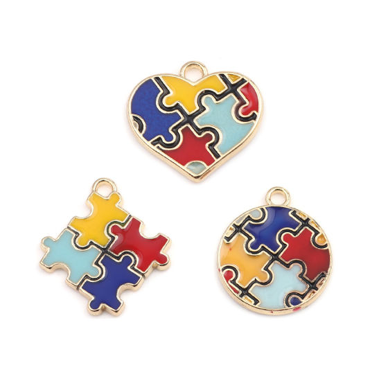 Imagen de Zamak Médico Colgantes Charms Diamond Chapado en Oro Multicolor Pieza de Rompecabezas de la Conciencia del Autismo Esmalte 24mm x 22mm, 5 Unidades