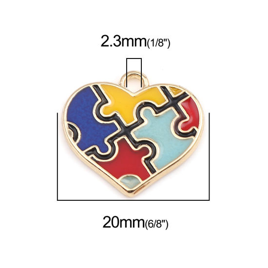 Picture of Zinc Based Alloy Medical Charms Heart Gold Plated Multicolor Autism Awareness Jigsaw Puzzle Piece Enamel 20mm x 19mm, 5 PCs