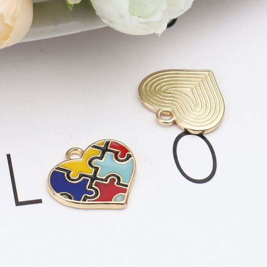 Picture of Zinc Based Alloy Medical Charms Heart Gold Plated Multicolor Autism Awareness Jigsaw Puzzle Piece Enamel 20mm x 19mm, 5 PCs