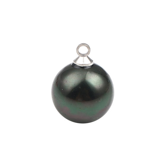 Picture of Pearl Charms Ball Silver Tone Peacock Green 16mm x 12mm, 5 PCs