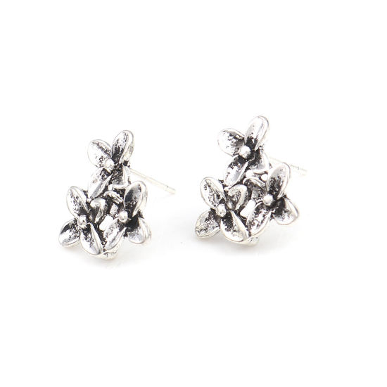 Image de Boucles d'Oreilles Puces en Alliage de Zinc Fleur Argent Vieilli avec Boucle 16mm x 16mm, Epaisseur de Fil: (21 gauge), 2 Paires