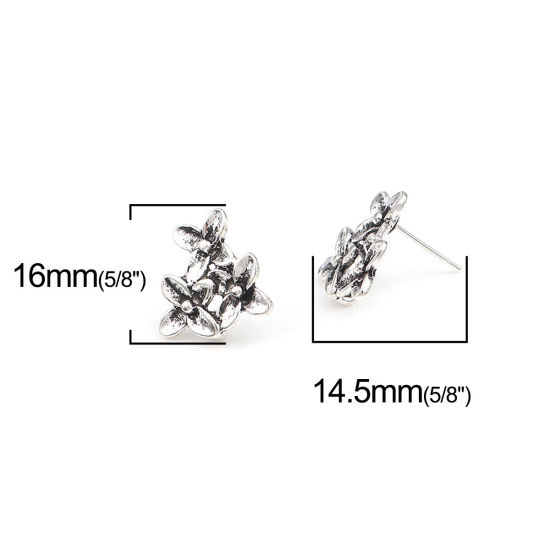 Image de Boucles d'Oreilles Puces en Alliage de Zinc Fleur Argent Vieilli avec Boucle 16mm x 16mm, Epaisseur de Fil: (21 gauge), 2 Paires