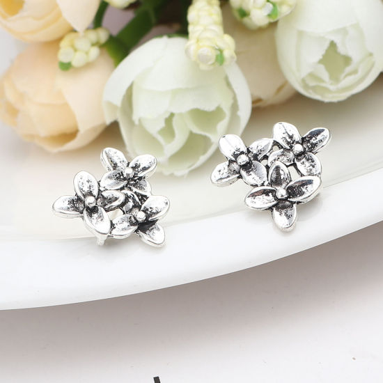 Image de Boucles d'Oreilles Puces en Alliage de Zinc Fleur Argent Vieilli avec Boucle 16mm x 16mm, Epaisseur de Fil: (21 gauge), 2 Paires