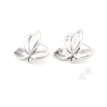 Picture of Zinc Based Alloy Ear Post Stud Earrings Findings Flower Antique Silver Color W/ Loop 27mm x 20mm, Post/ Wire Size: (21 gauge), 2 Pairs