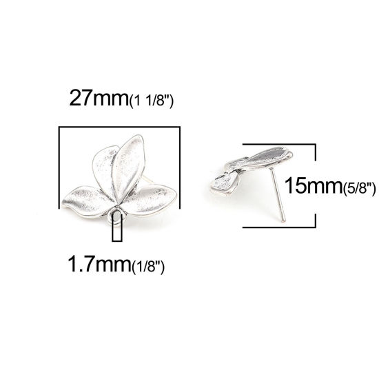 Image de Boucles d'Oreilles Puces en Alliage de Zinc Fleur Argent Vieilli avec Boucle 27mm x 20mm, Epaisseur de Fil: (21 gauge), 2 Paires