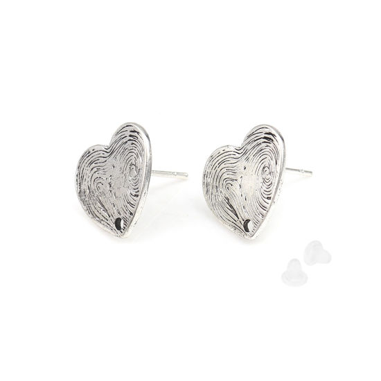 Picture of Zinc Based Alloy Valentine's Day Ear Post Stud Earrings Findings Heart Antique Silver Color W/ Loop 14mm x 14mm, Post/ Wire Size: (21 gauge), 2 Pairs