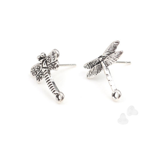 Picture of Zinc Based Alloy Ear Post Stud Earrings Findings Dragonfly Animal Antique Silver Color W/ Loop 17mm x 15mm, Post/ Wire Size: (21 gauge), 2 Pairs