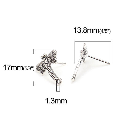 Image de Boucles d'Oreilles Puces en Alliage de Zinc Libellule Argent Vieilli avec Boucle 17mm x 15mm, Epaisseur de Fil: (21 gauge), 2 Paires