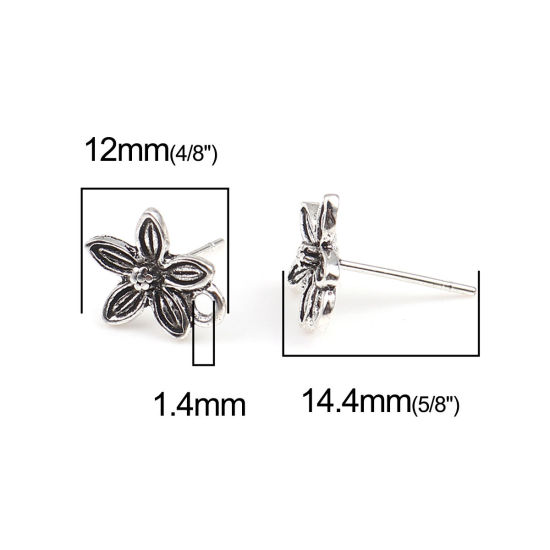 Image de Boucles d'Oreilles Puces en Alliage de Zinc Fleur Argent Vieilli avec Boucle 12mm x 10mm, Epaisseur de Fil: (21 gauge), 2 Paires