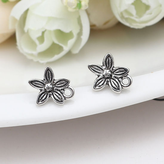Image de Boucles d'Oreilles Puces en Alliage de Zinc Fleur Argent Vieilli avec Boucle 12mm x 10mm, Epaisseur de Fil: (21 gauge), 2 Paires