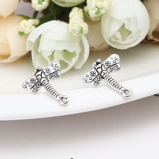 Image de Boucles d'Oreilles Puces Insecte en Alliage de Zinc Libellule Argent Vieilli avec Boucle 18mm x 15mm, Epaisseur de Fil: (21 gauge), 2 Paires