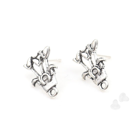 Picture of Zinc Based Alloy Ear Post Stud Earrings Findings Pot Plant Antique Silver Color W/ Loop 16mm x 11mm, Post/ Wire Size: (21 gauge), 2 Pairs
