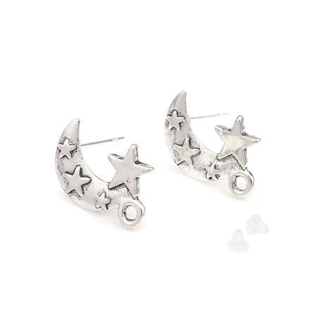 Picture of Zinc Based Alloy Galaxy Ear Post Stud Earrings Findings Half Moon Antique Silver Color Star W/ Loop 15mm x 10mm, Post/ Wire Size: (21 gauge), 2 Pairs