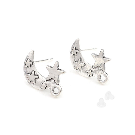 Immagine di Lega di Zinco Galassia Orecchini a Perno Tappi di Orecchini Luna Argento Antico Stella Disegno W/ Loop 15mm x 10mm, Diametro Filo: (21 misura), 2 Paia