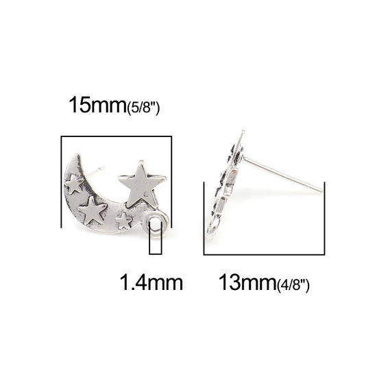Immagine di Lega di Zinco Galassia Orecchini a Perno Tappi di Orecchini Luna Argento Antico Stella Disegno W/ Loop 15mm x 10mm, Diametro Filo: (21 misura), 2 Paia