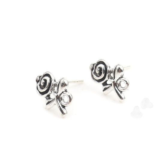 Immagine di Lega di Zinco Orecchini a Perno Tappi di Orecchini Rosa Argento Antico W/ Loop 12mm x 9mm, Diametro Filo: (21 misura), 2 Paia