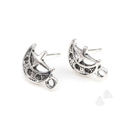 Picture of Zinc Based Alloy Galaxy Ear Post Stud Earrings Findings Half Moon Antique Silver Color Star W/ Loop (Can Hold ss5 Pointed Back Rhinestone) 14mm x 10mm, Post/ Wire Size: (21 gauge), 2 Pairs