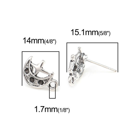 Immagine di Lega di Zinco Galassia Orecchini a Perno Tappi di Orecchini Luna Argento Antico Stella Disegno W/ Loop (Adatto ss5 Strass Appuntito Indietro) 14mm x 10mm, Diametro Filo: (21 misura), 2 Paia