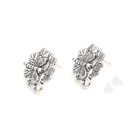 Picture of Zinc Based Alloy Insect Ear Post Stud Earrings Findings Lotus Leaf Antique Silver Color Dragonfly W/ Loop 17mm x 16mm, Post/ Wire Size: (21 gauge), 2 Pairs