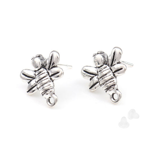 Picture of Zinc Based Alloy Insect Ear Post Stud Earrings Findings Bee Animal Antique Silver Color W/ Loop 15mm x 14mm, Post/ Wire Size: (21 gauge), 2 Pairs
