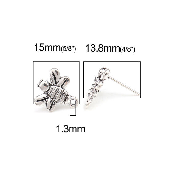 Immagine di Lega di Zinco Insetto Orecchini a Perno Tappi di Orecchini Ape Argento Antico W/ Loop 15mm x 14mm, Diametro Filo: (21 misura), 2 Paia