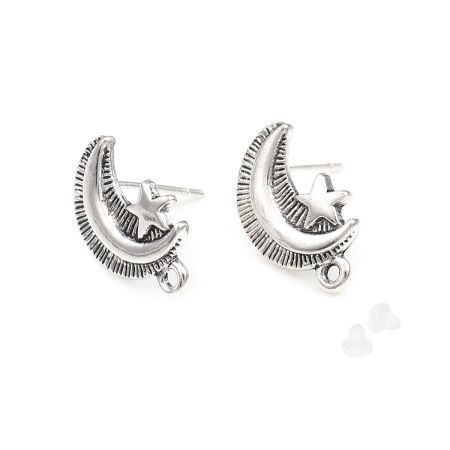 Picture of Zinc Based Alloy Galaxy Ear Post Stud Earrings Findings Half Moon Antique Silver Color Star W/ Loop 17mm x 11mm, Post/ Wire Size: (21 gauge), 2 Pairs