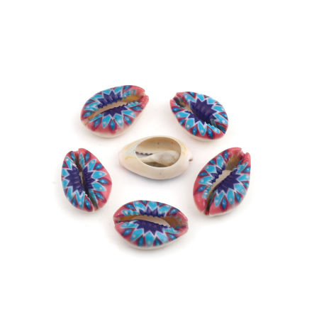 Picture of Natural Shell Loose Beads Conch/ Sea Snail Blue & Pink About 25mm x 17mm - 18mm x 13mm, 10 PCs