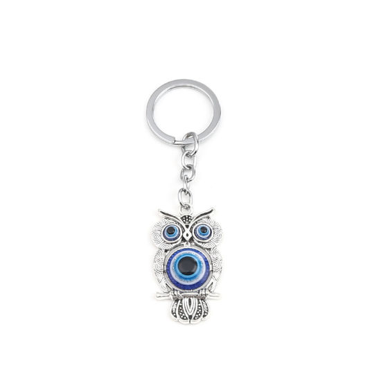 Picture of Religious Keychain & Keyring Silver Tone Deep Blue Owl Animal Evil Eye 11cm x 3.3cm, 1 Piece