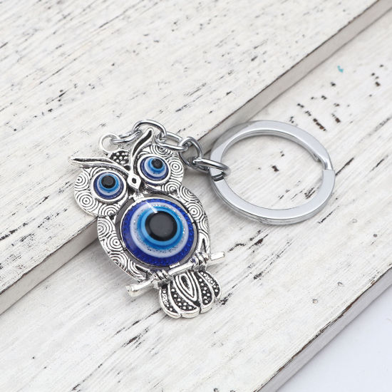 Picture of Religious Keychain & Keyring Silver Tone Deep Blue Owl Animal Evil Eye 11cm x 3.3cm, 1 Piece