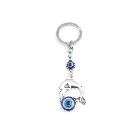 Image de Porte-Clés Religieux Argent Mat Bleu Foncé Dauphin Œil Mauvais 11.5cm x 3.4cm, 1 Pièce