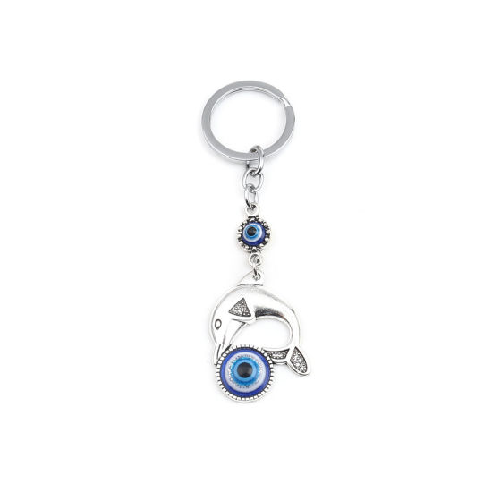 Picture of Religious Keychain & Keyring Silver Tone Deep Blue Dolphin Animal Evil Eye 11.5cm x 3.4cm, 1 Piece