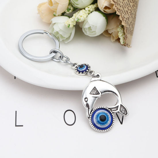 Picture of Religious Keychain & Keyring Silver Tone Deep Blue Dolphin Animal Evil Eye 11.5cm x 3.4cm, 1 Piece