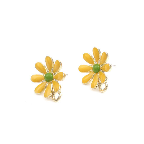 Image de Boucles d'Oreilles Puces en Alliage de Zinc Fleur Jaune Doré avec Boucle 17mm x 14mm, Epaisseur de Fil: (21 gauge), 4 Pcs