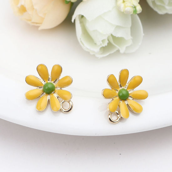 Image de Boucles d'Oreilles Puces en Alliage de Zinc Fleur Jaune Doré avec Boucle 17mm x 14mm, Epaisseur de Fil: (21 gauge), 4 Pcs