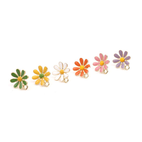 Image de Boucles d'Oreilles Puces en Alliage de Zinc Fleur Jaune Doré avec Boucle 17mm x 14mm, Epaisseur de Fil: (21 gauge), 4 Pcs
