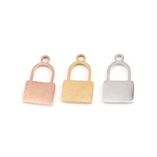 Picture of 1 Piece 304 Stainless Steel Blank Stamping Tags Charms Lock Gold Plated Double-sided Polishing 16mm x 9mm