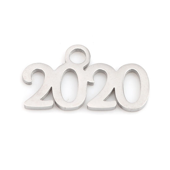 Picture of 304 Stainless Steel Year Charms Number Silver Tone Message " 2020 " 20mm x 11mm, 1 Piece