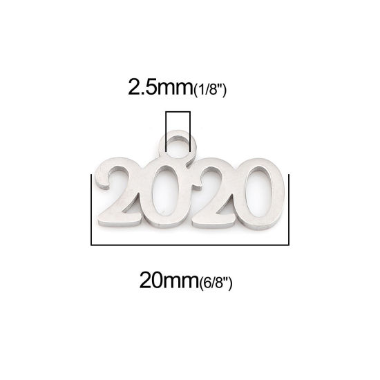 304ステンレス鋼 年 チャーム 数 シルバートーン 文字" 2020 " 20mm x 11mm、 1 個 の画像