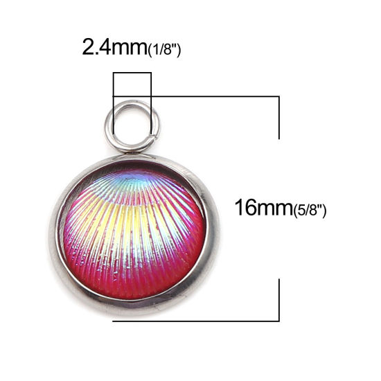 Picture of 304 Stainless Steel Charms Round Fuchsia Shell AB Color 16mm x 12mm, 10 PCs