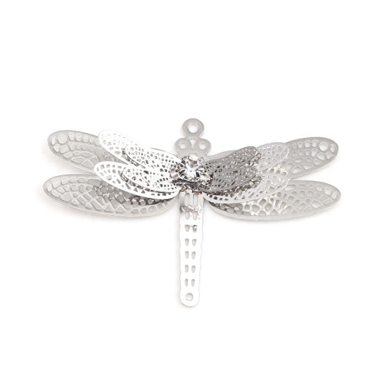 Picture of Brass Filigree Stamping Pendants Silver Tone Dragonfly Animal Clear Rhinestone 51mm x 34mm, 5 PCs                                                                                                                                                             